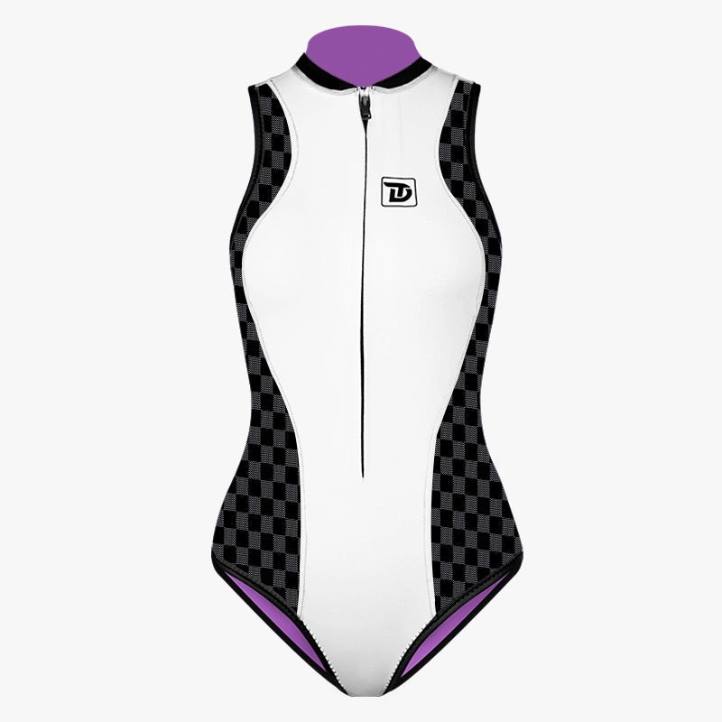 Plaid Patchwork Sleeveless Front-Zipper Bikini Wetsuit