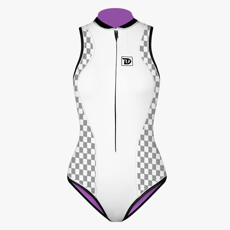 Plaid Patchwork Sleeveless Front-Zipper Bikini Wetsuit